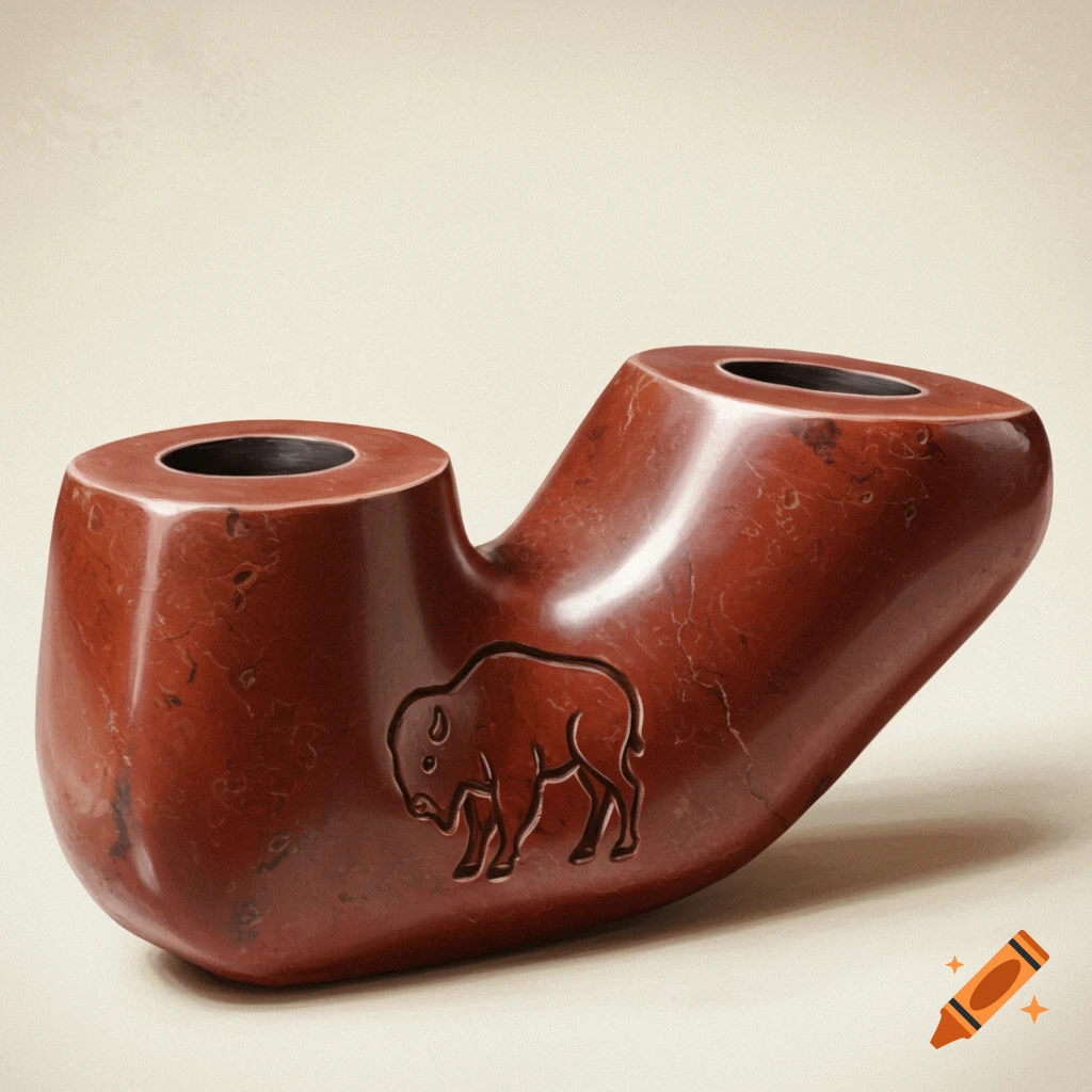 A red stone pipe with a carved buffalo outline.