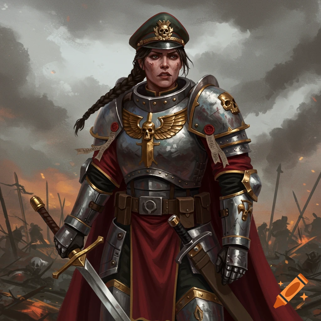 A female warrior in ornate armor stands on a battlefield.