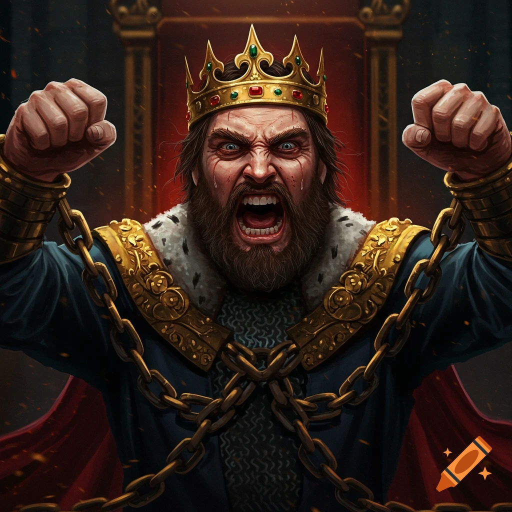 Painting of an angry king in chains shouting and raising his chained fists in a throne room.