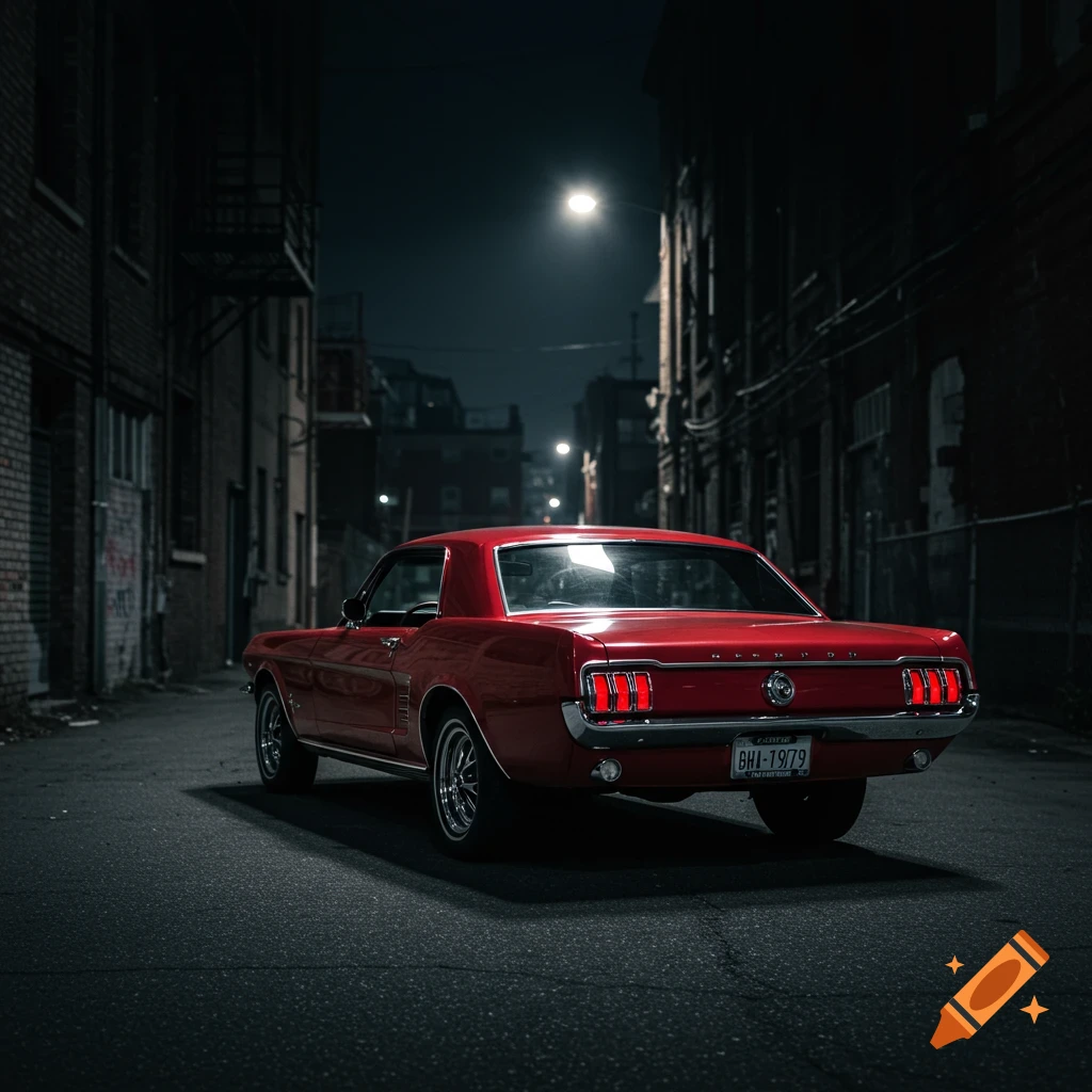 A red 1967 Ford Mustang sits parked in a dark, narrow alley at night under a street lamp, photorealistic.