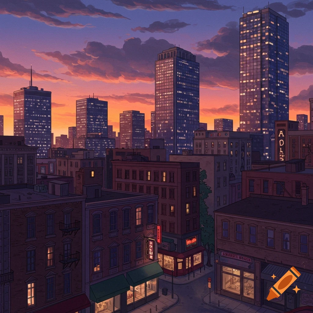 Cityscape of tall buildings at sunset