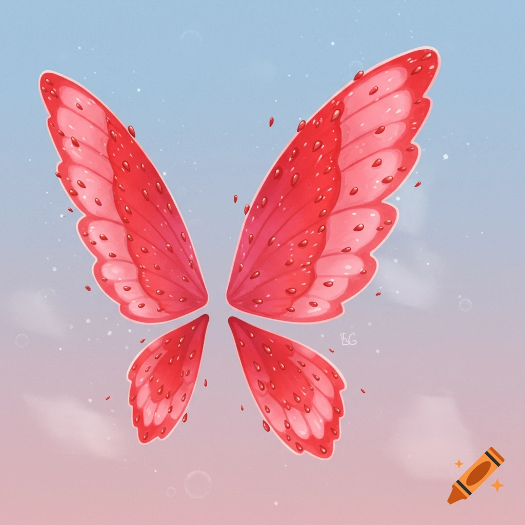 Strawberry-shaped butterfly wings against a blue and pink sky.