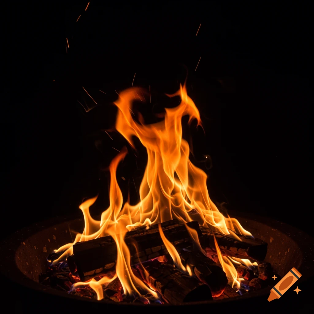 A campfire burns in a fire pit at night.