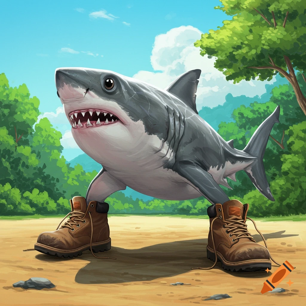 A shark wearing brown boots stands on land in a forest.