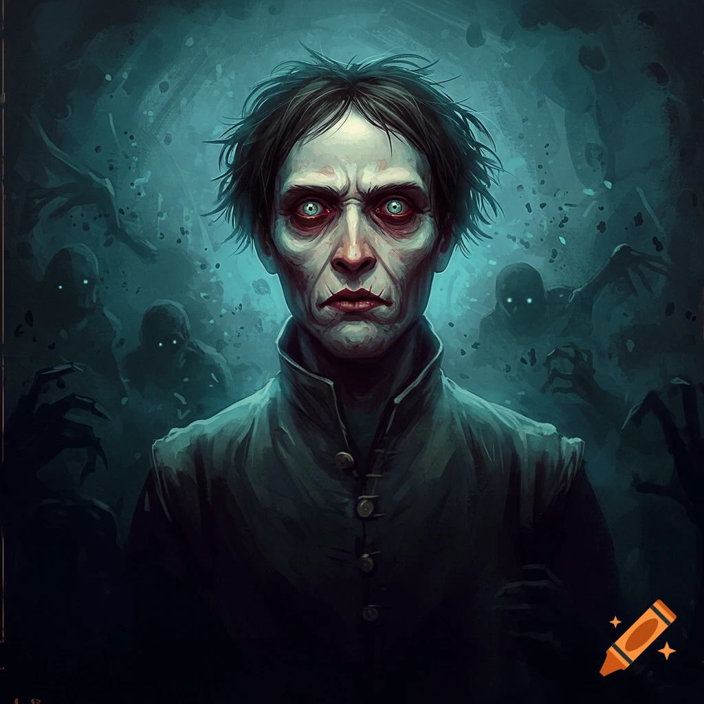 A pale man with wide eyes is surrounded by dark figures, portraying madness.