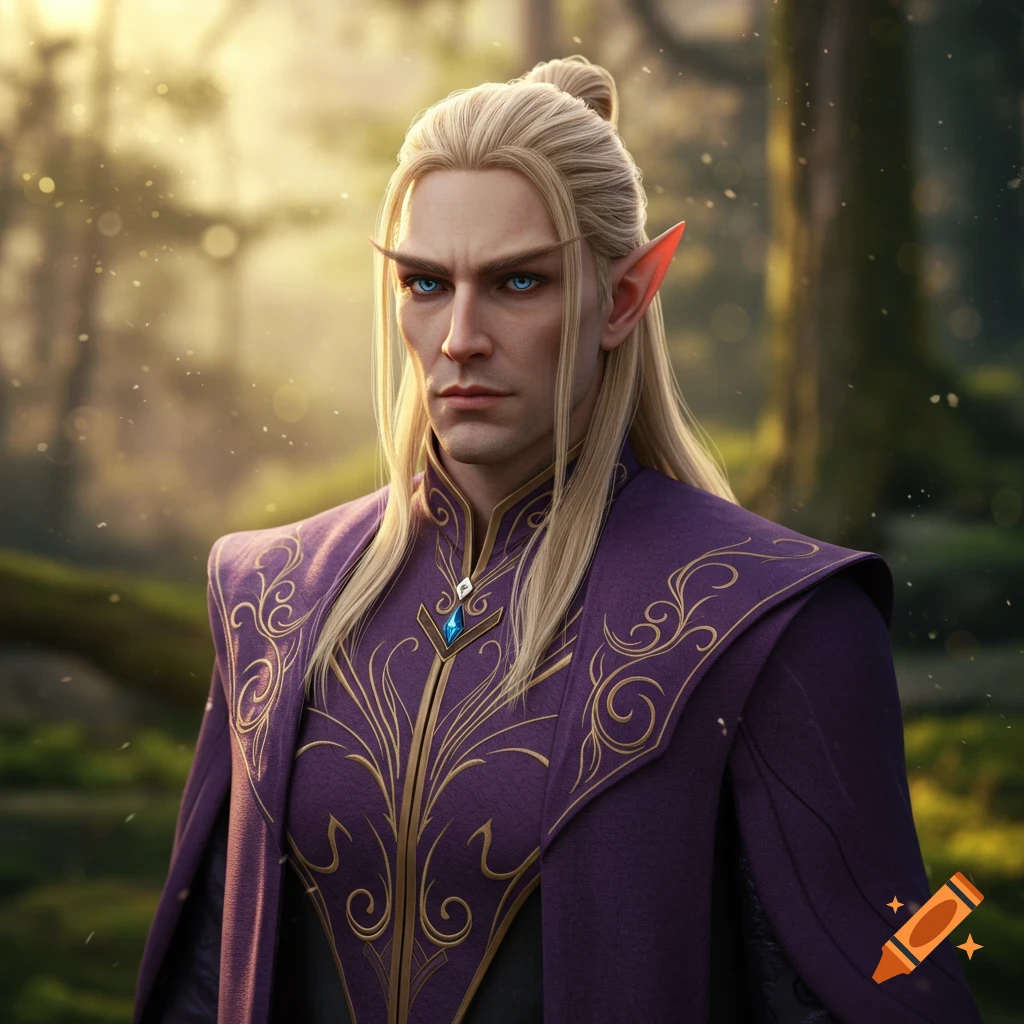 Portrait of a male high elf with blonde hair and blue eyes, wearing an ornate purple robe with gold trim, in a forest setting.