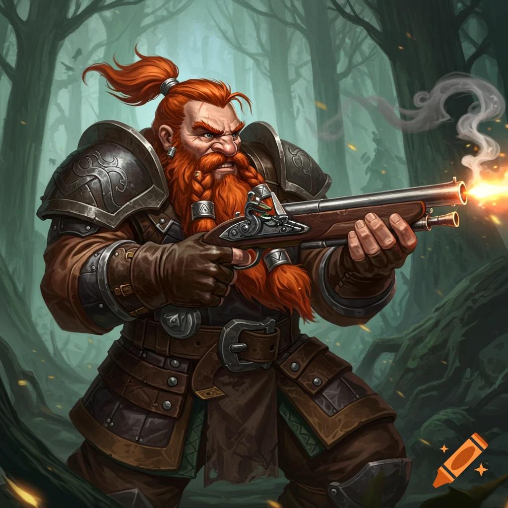 Red-haired fantasy dwarf in armor shooting a flintlock pistol in a forest.