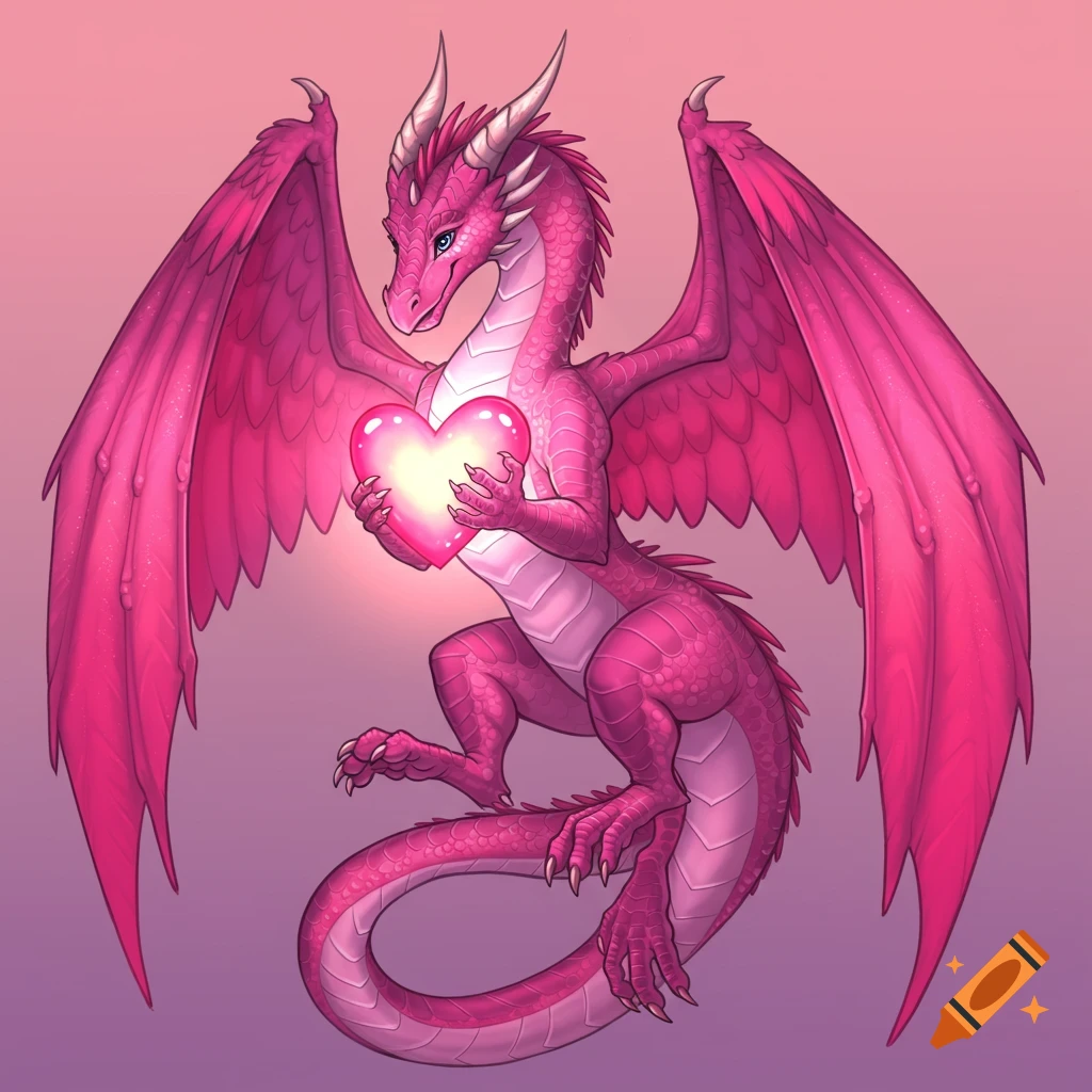 A pink dragon holds a glowing pink heart against a pink and purple gradient background.