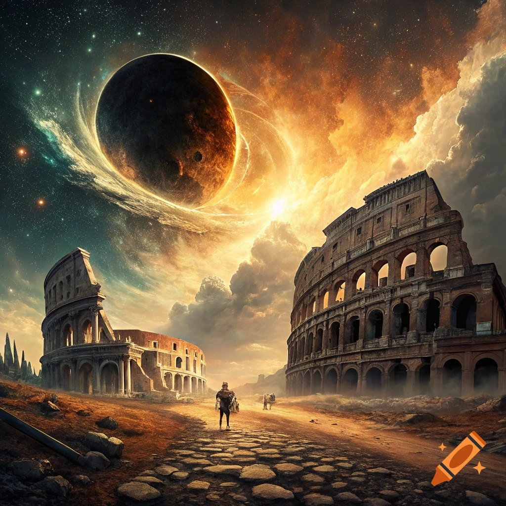 Surreal view of Roman Colosseum ruins with a black hole in a cosmic sky, person walking on a path.