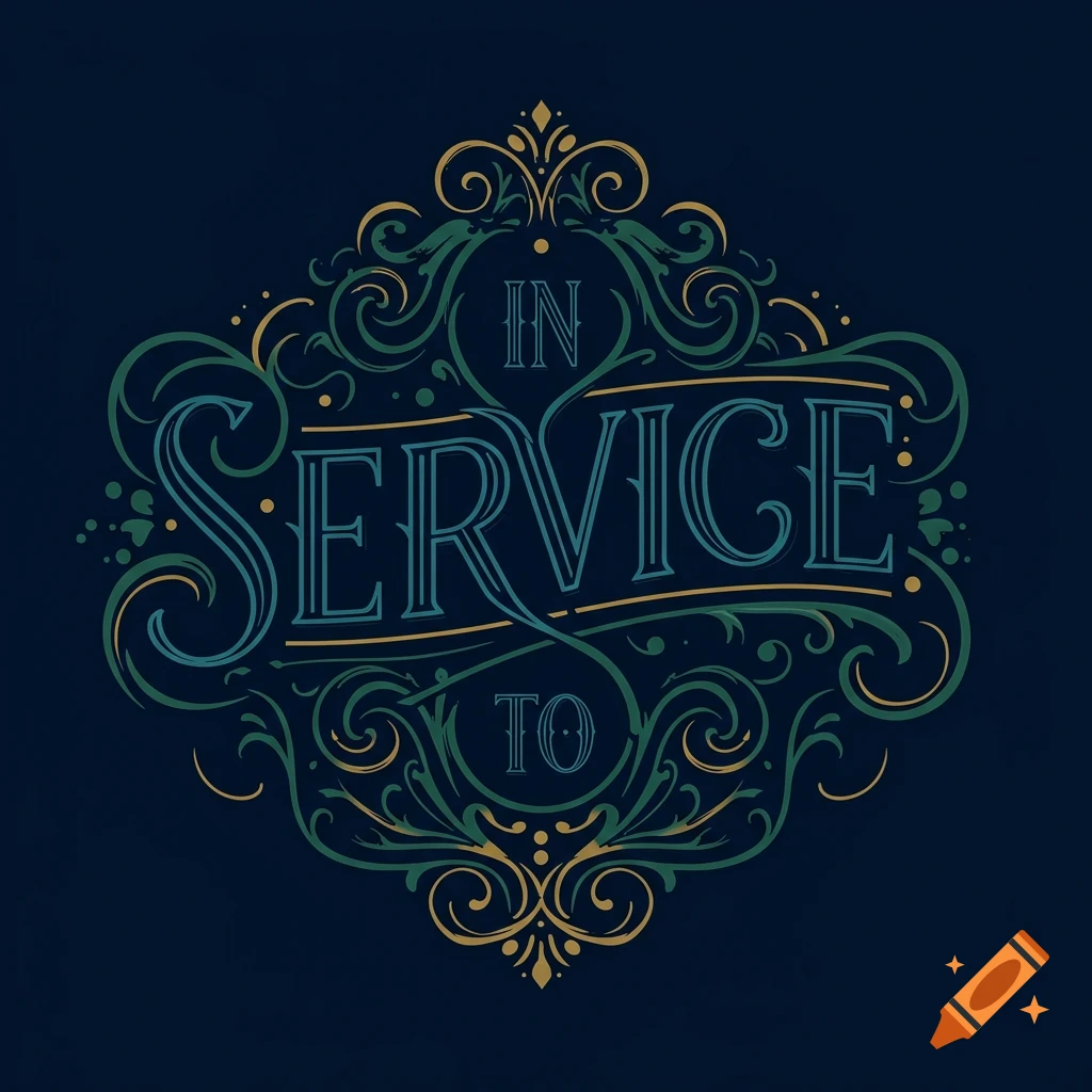 Decorative lettering spelling 'IN SERVICE TO' within an ornate green and gold frame.