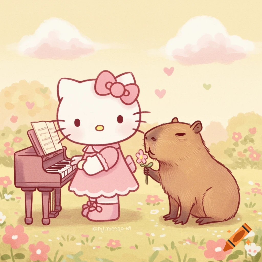 Cute illustration of Hello Kitty playing a pink piano and a capybara offering a flower in a field.