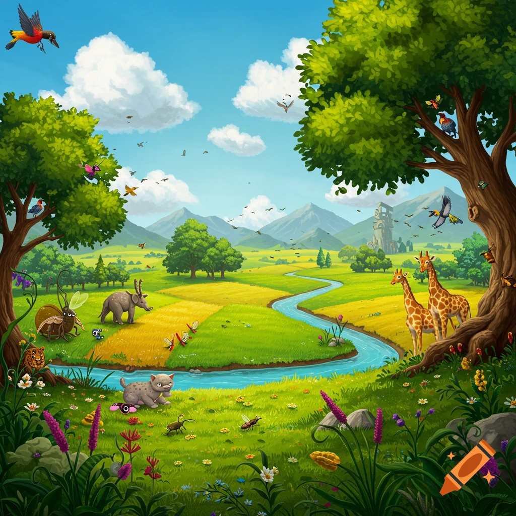 A vibrant, colorful cartoon landscape featuring stylized animals, a winding river, trees, and mountains under a bright blue sky.