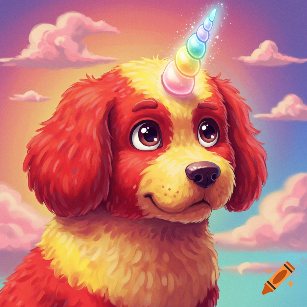A red and yellow cartoon dog with a rainbow unicorn horn looking up at a cloudy sky.