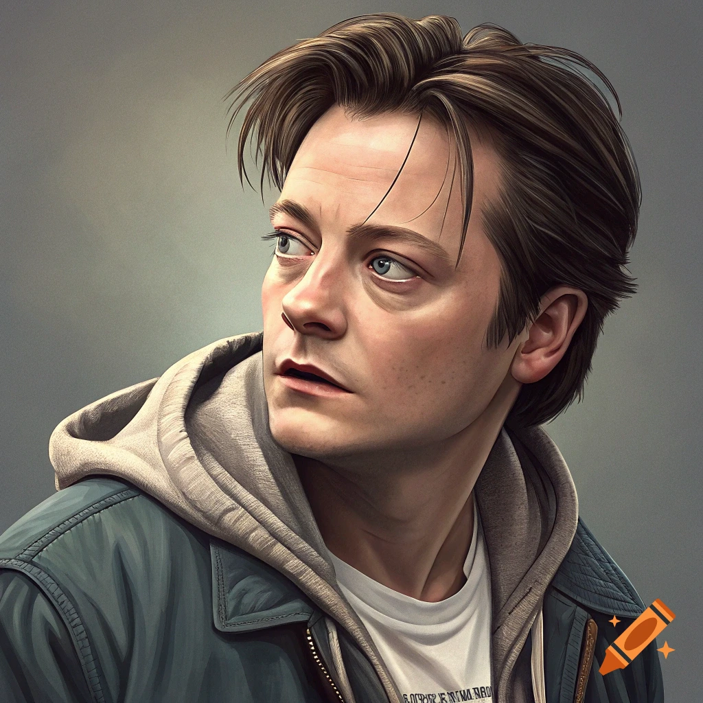 Realistic portrait of a man with brown hair, grey hoodie, and teal jacket, looking left.