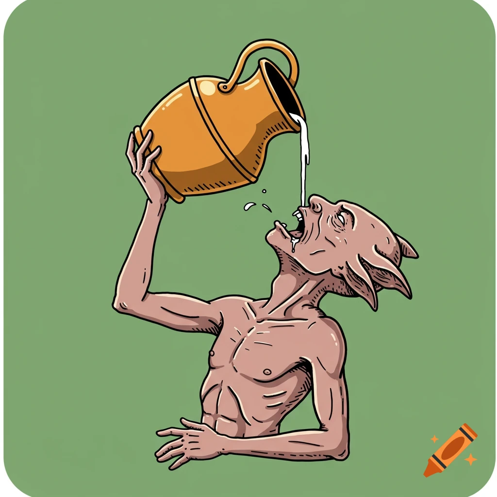 Stylized illustration of a creature tilting a jug to pour liquid into its mouth.