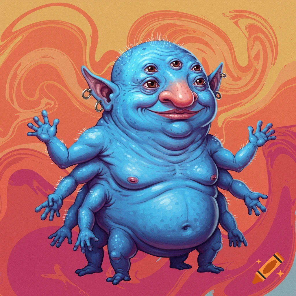 A blue, multi-limbed creature with four eyes and a big grin stands against a swirly orange background.