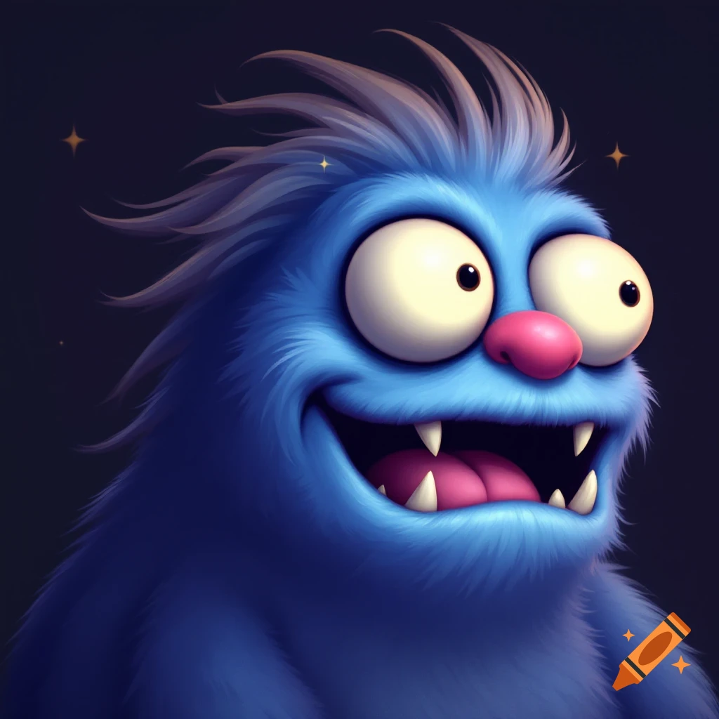 Blue furry monster with big eyes, pink nose, smiling mouth, and sharp teeth.