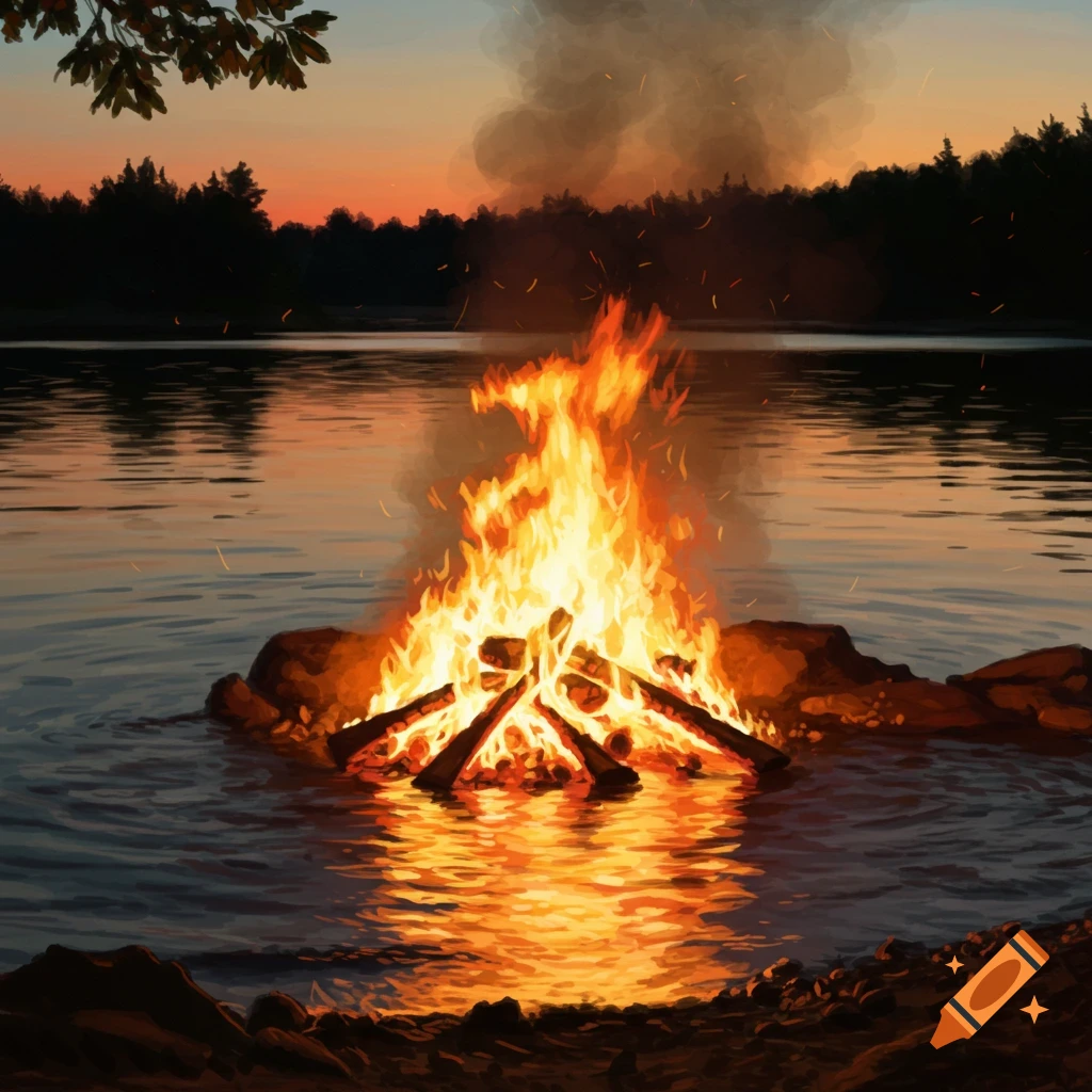 A campfire burning in a lake at sunset