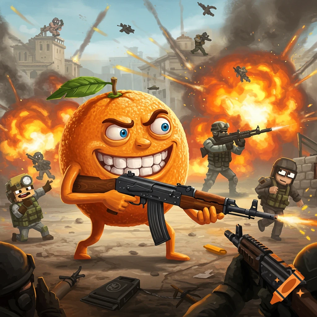Cartoon orange holding a rifle in a combat scene with blocky soldiers and explosions.