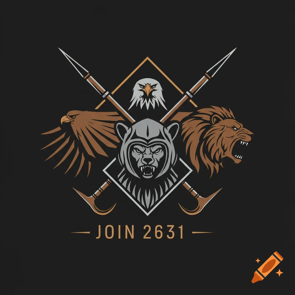 Ancient style emblem with bear, eagle, and lion heads, crossed spears, and text 'Join 2631' on a dark background.