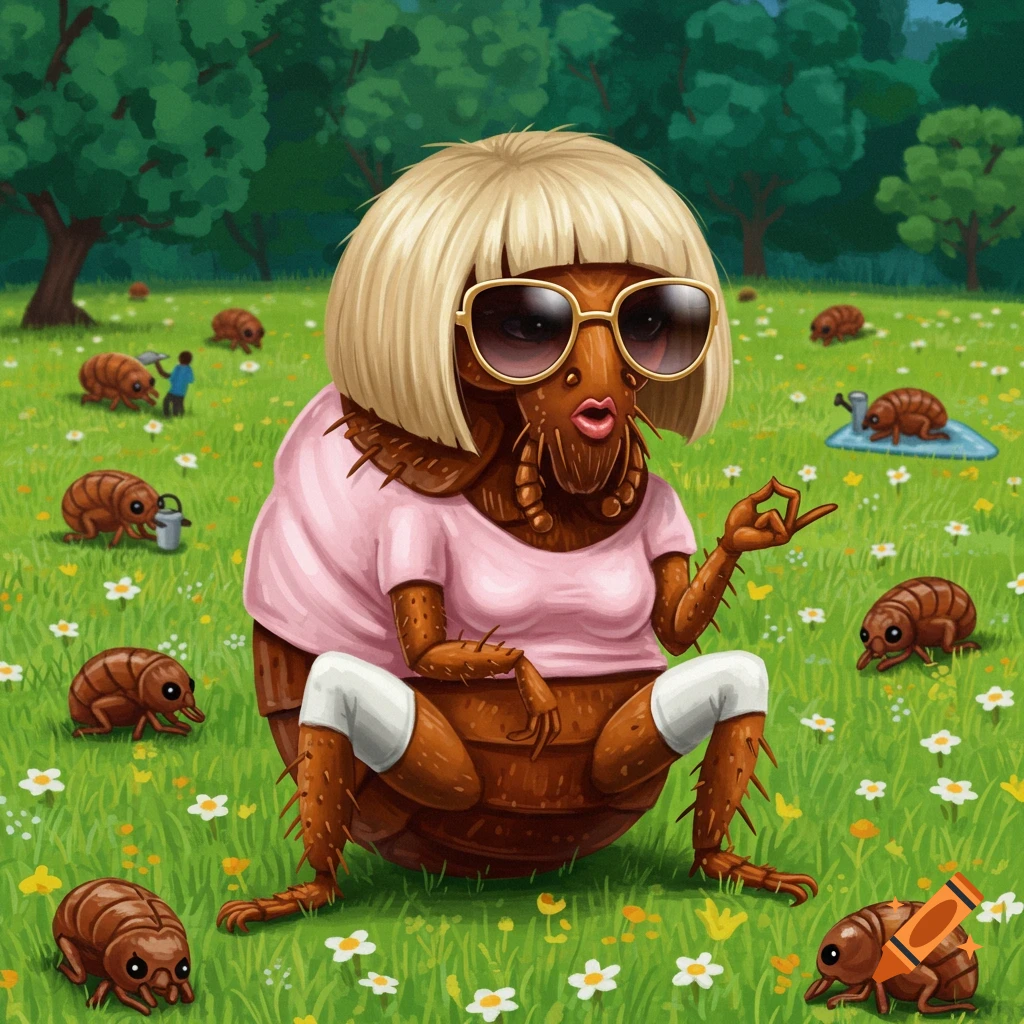 An anthropomorphic flea dressed as a Karen sitting in a grassy field with other fleas.