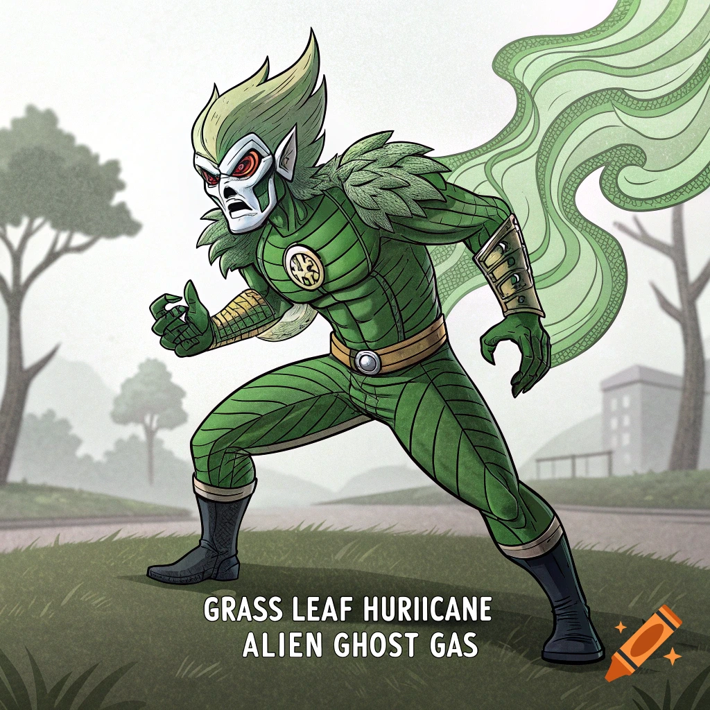 A green superhero or villain in a dynamic pose, rendered in a comic book style.