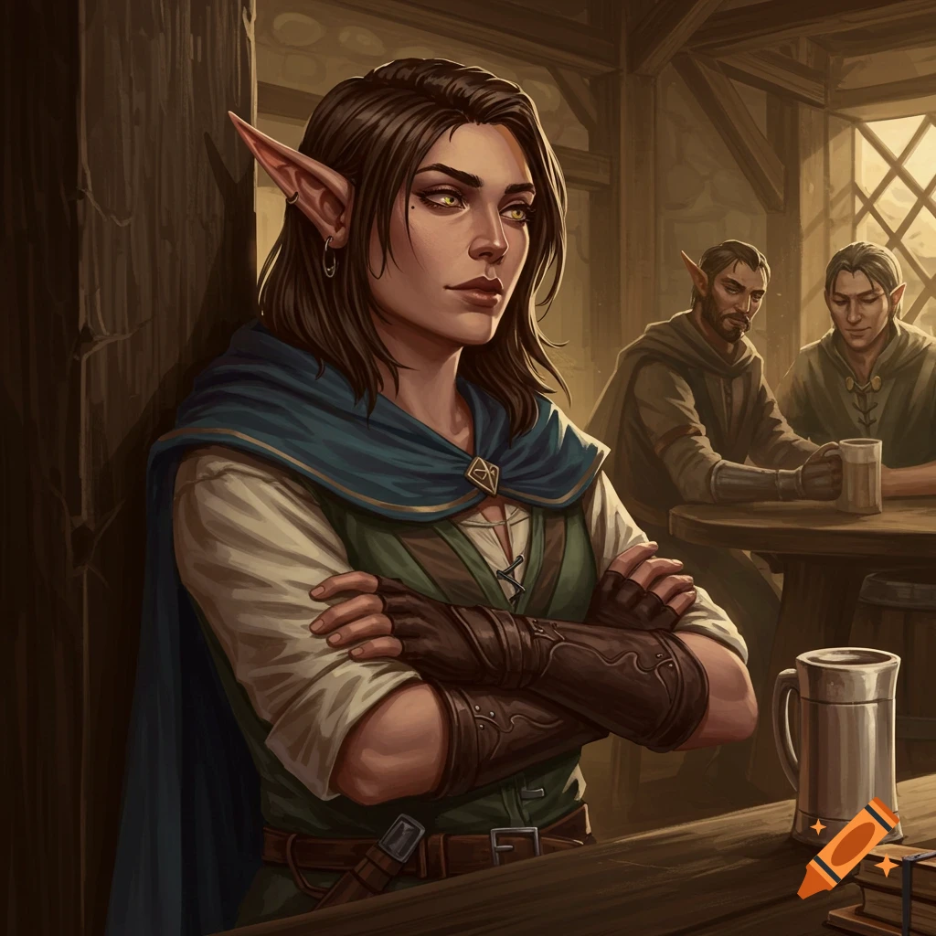 A female half-elf with crossed arms leans against a wall in a tavern.