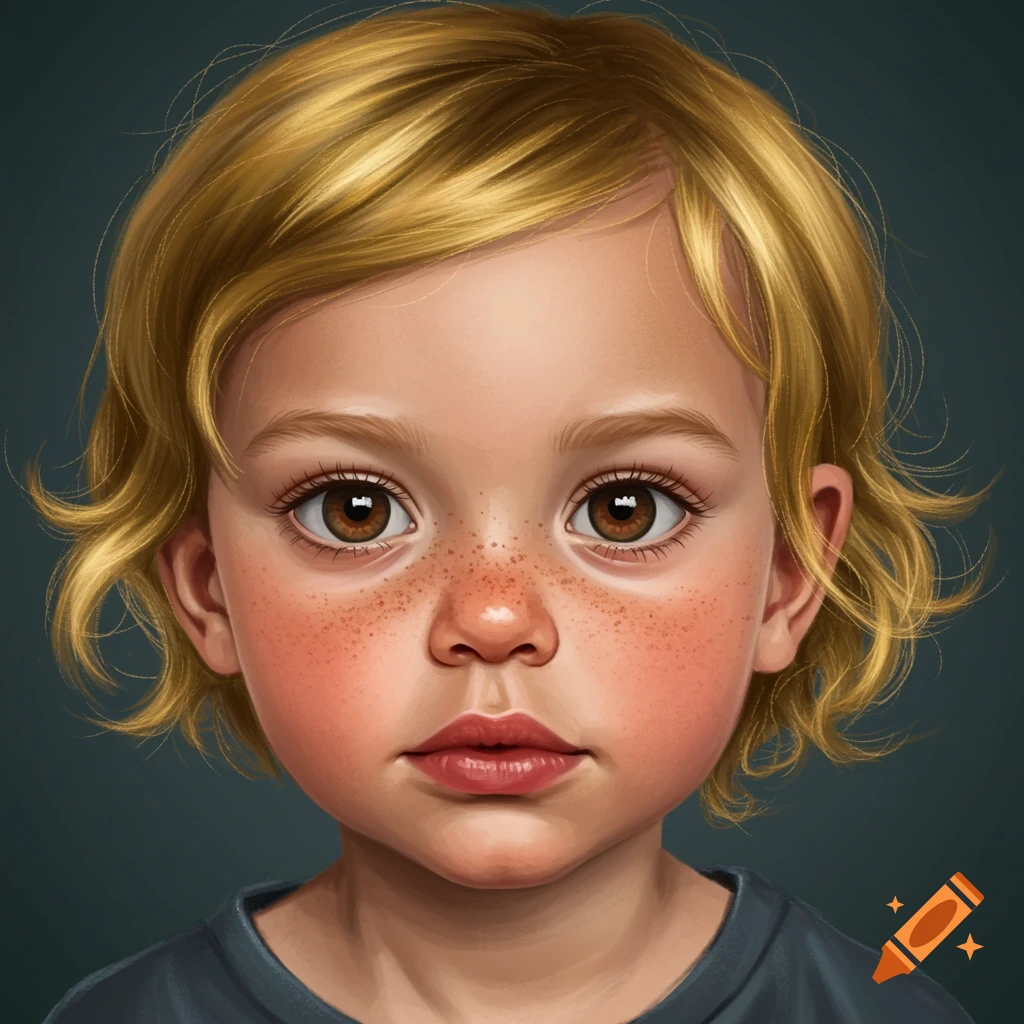 A portrait of a child with blonde hair, brown eyes, and freckles.