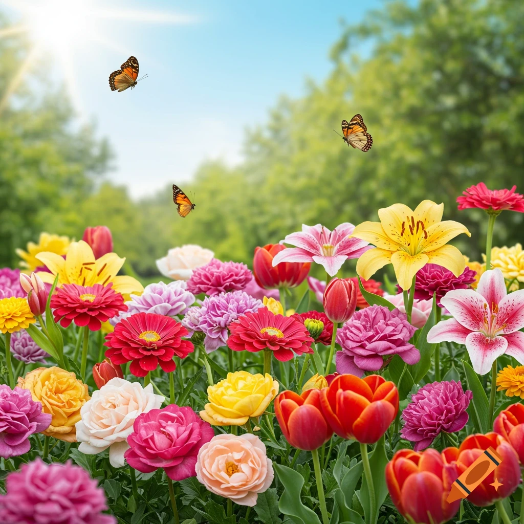 Colorful flowers in a field with butterflies flying under a sunny sky.