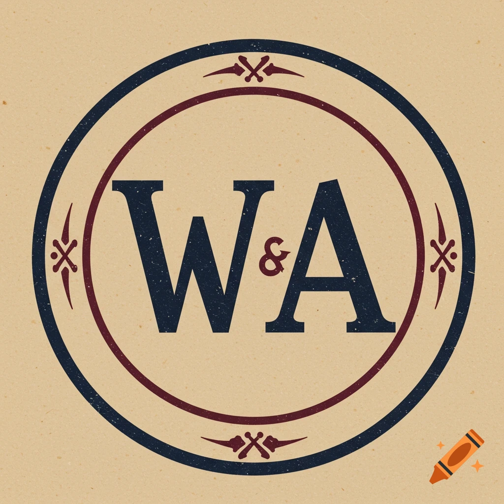 A vintage circular logo with the letters WA and an ampersand inside, surrounded by decorative elements, on a textured background.