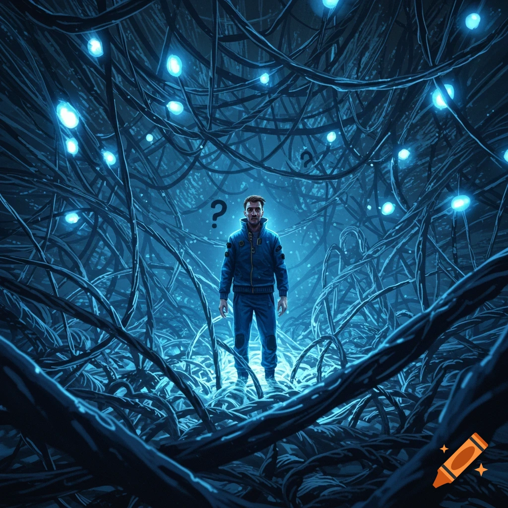 A man stands in a maze of blue glowing wires with question marks floating.