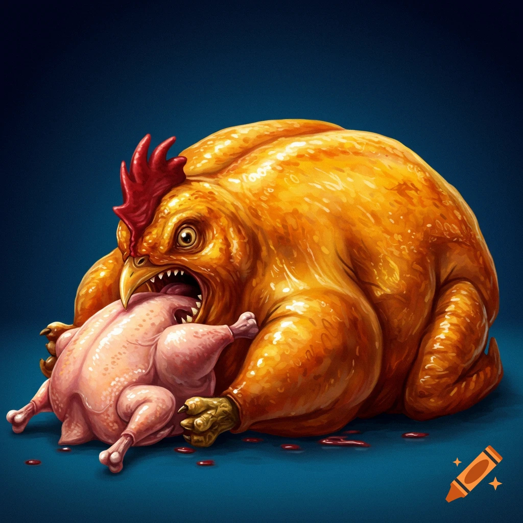 A large cooked chicken with sharp teeth eating a raw chicken.
