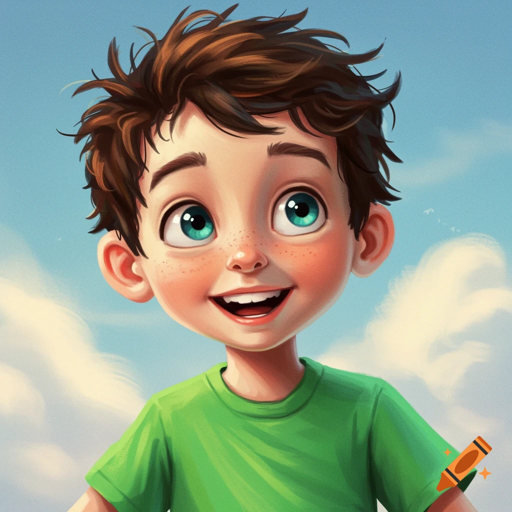 Cartoon portrait of a young boy smiling, looking up at a cloudy sky. He has messy brown hair, green eyes, and freckles.