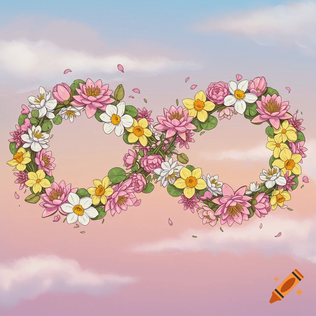 An infinity sign made of pink water lilies, yellow flowers, and white daffodils against a pink and blue cloudy sky.