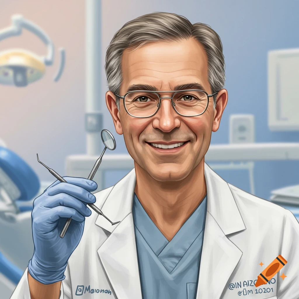 A smiling male dentist in a lab coat holds dental tools.