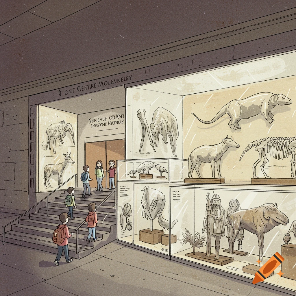 Illustration of people viewing exhibits inside a museum.