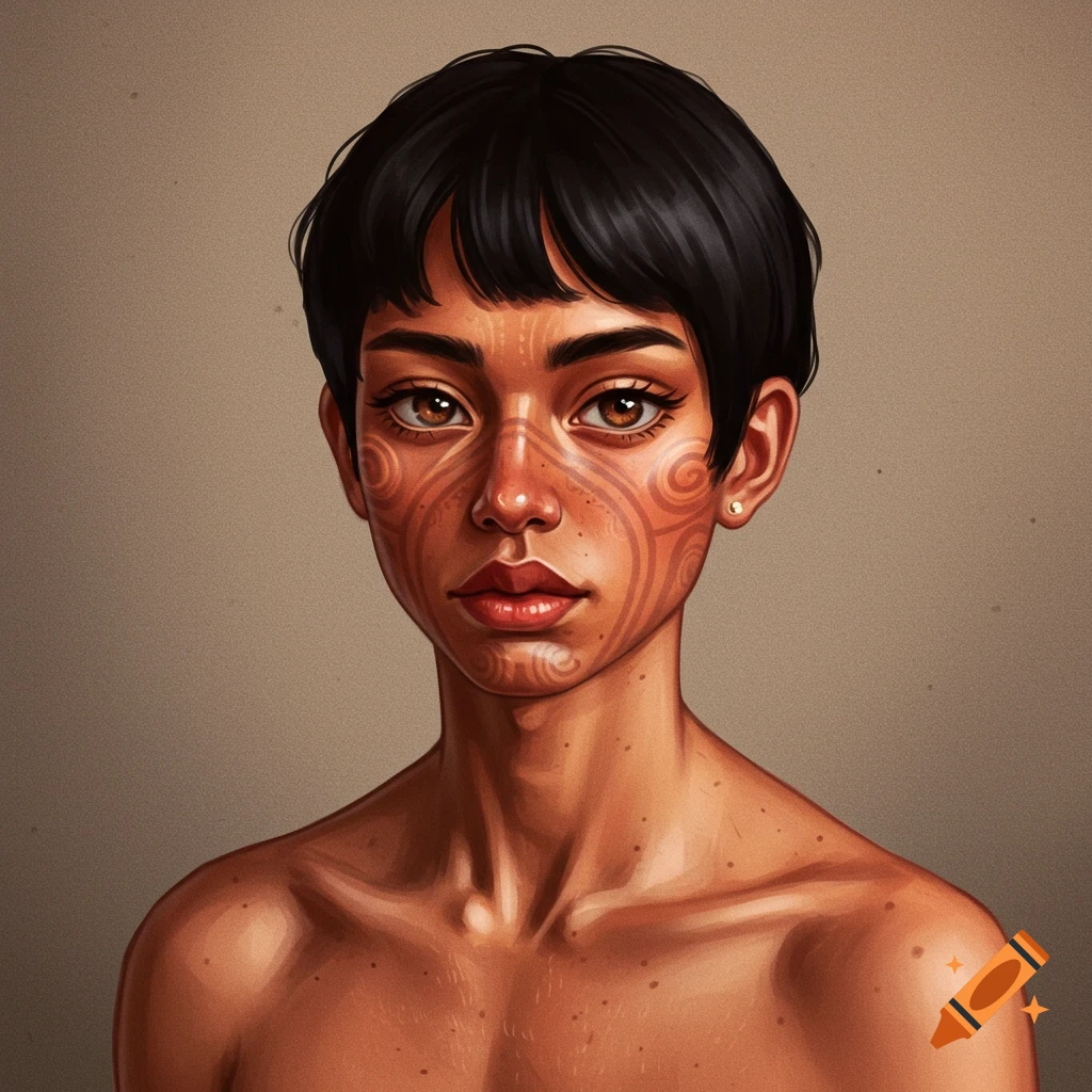 portrait of a person with short black hair, brown eyes, and red tribal markings on their face and neck.