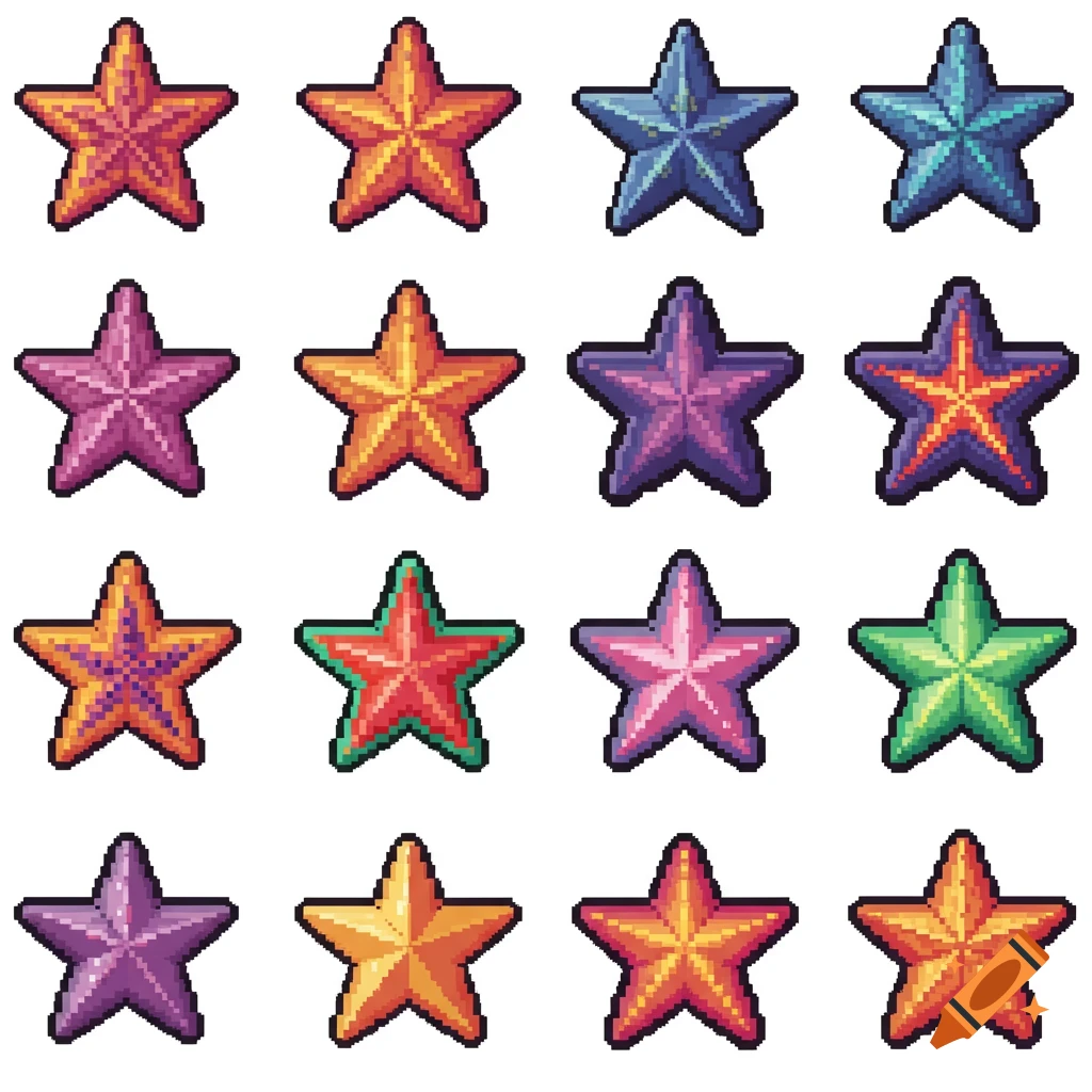 A grid of colorful pixelated starfish.