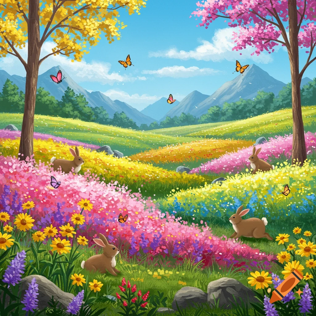 A colorful spring landscape with bunnies, flowers, butterflies, and mountains.