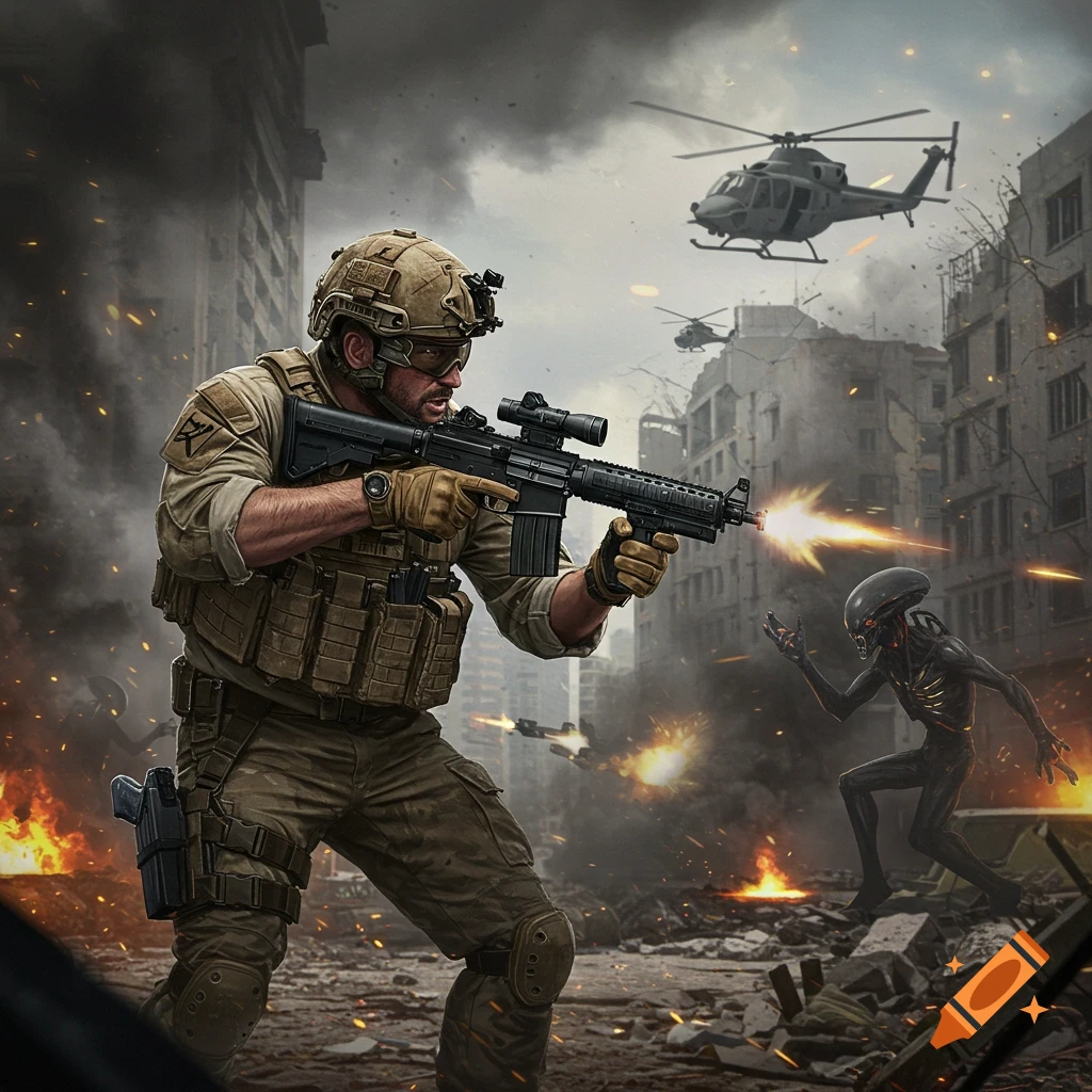 A soldier in a shootout with an alien in a destroyed city.