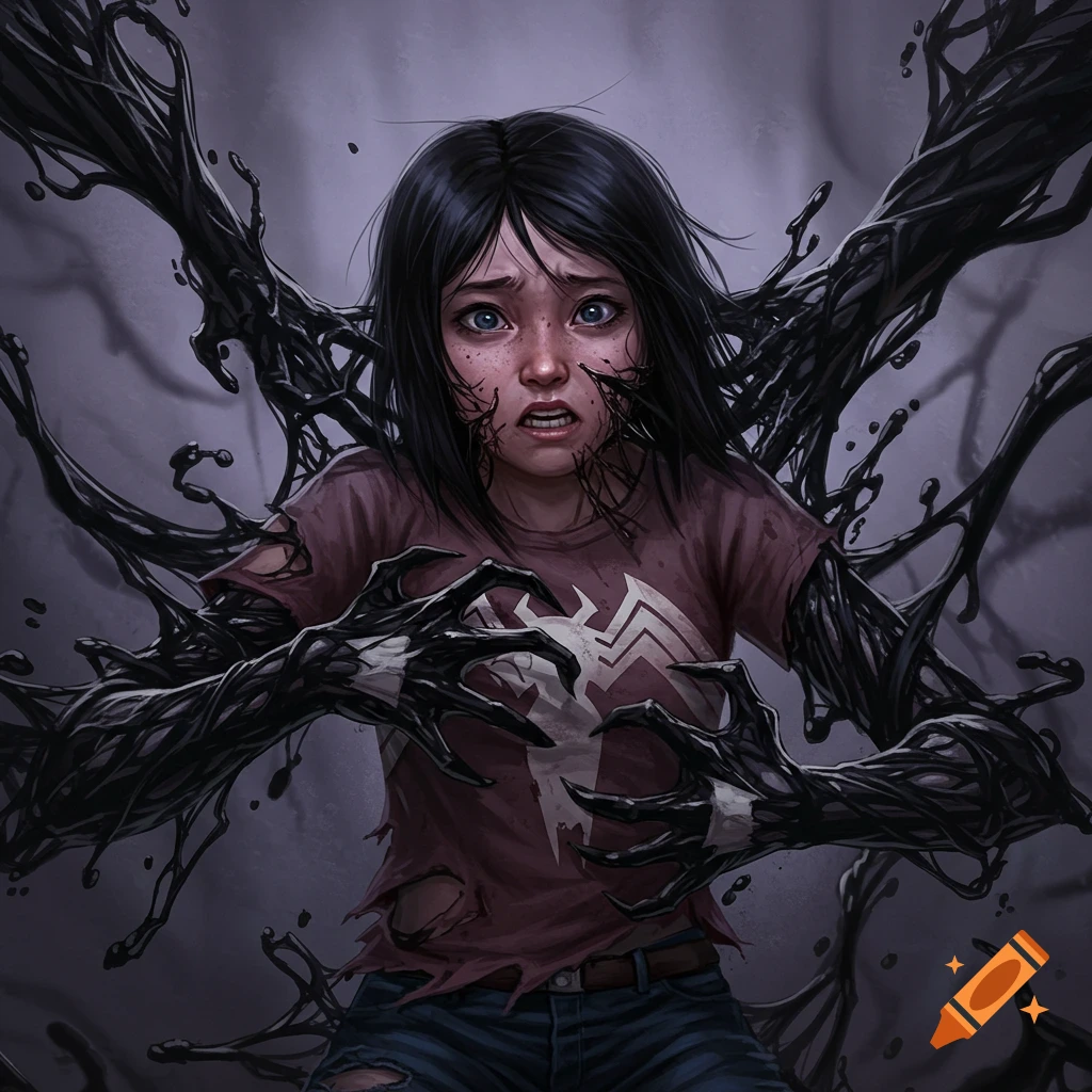 A scared girl being taken over by black symbiote tendrils, wearing a torn shirt with a Spider-Man/Venom logo.
