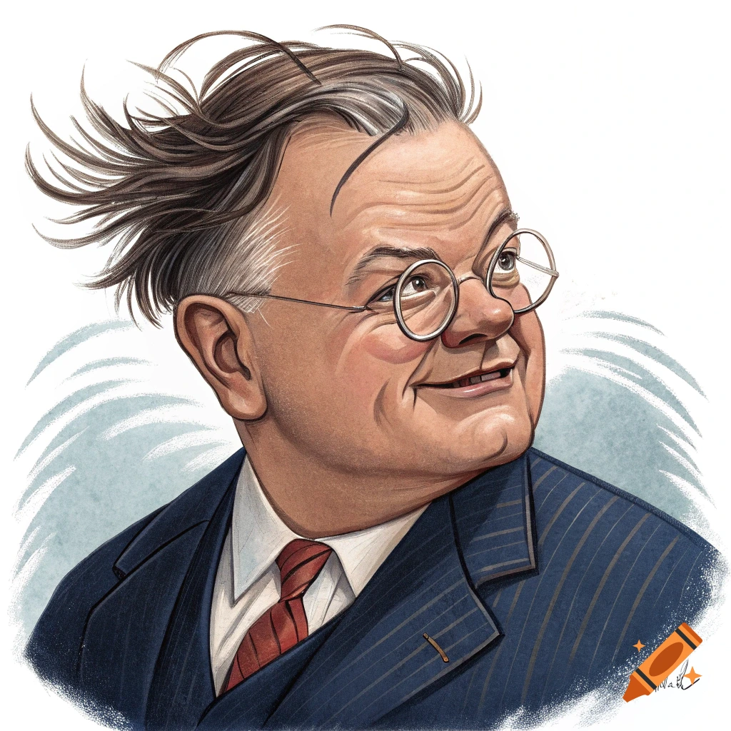 Caricature portrait of Herbert Hoover, a man in glasses and suit, smiling and looking up.