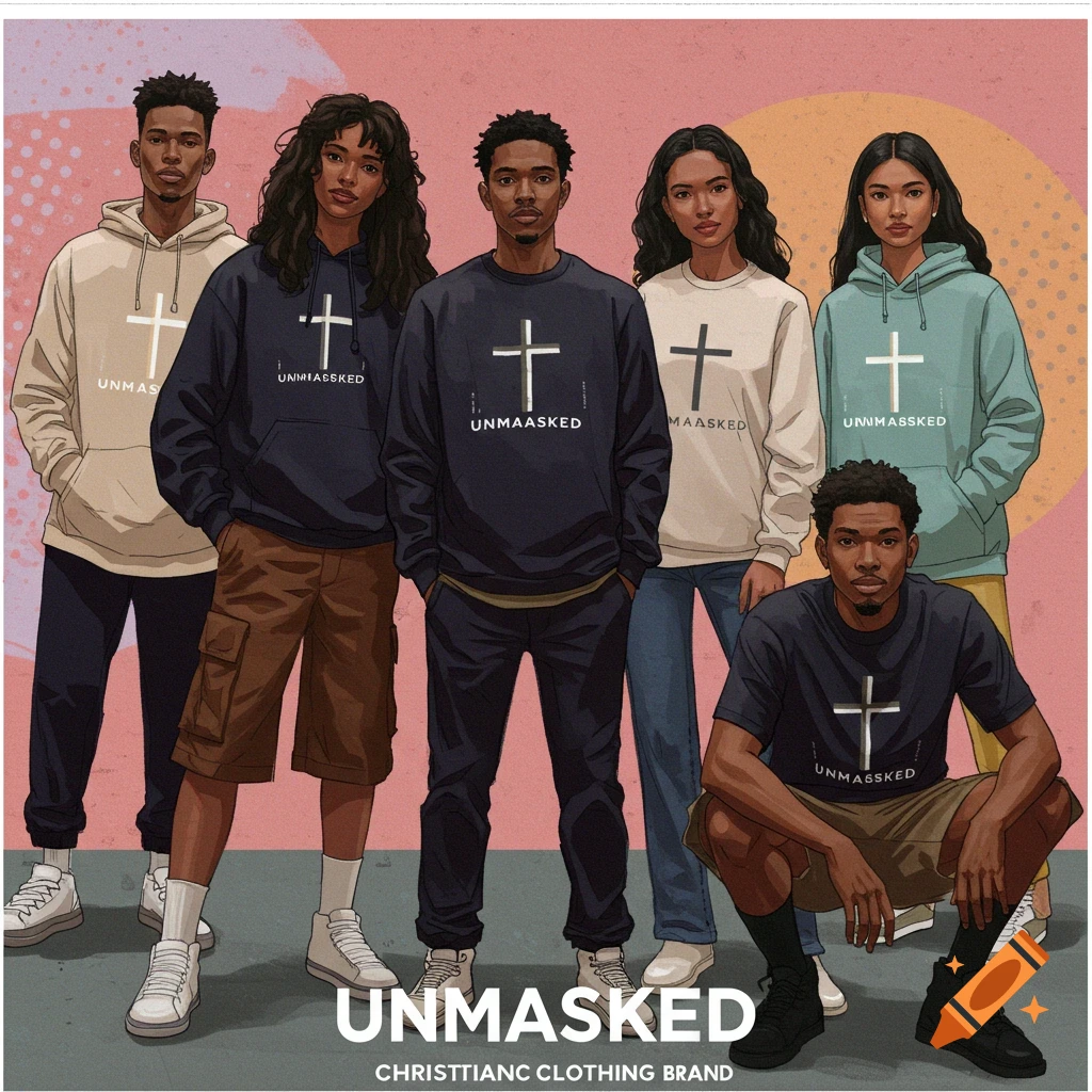 Digital illustration of diverse models wearing hooded sweatshirts and t-shirts from a Christian clothing brand called Unmasked.
