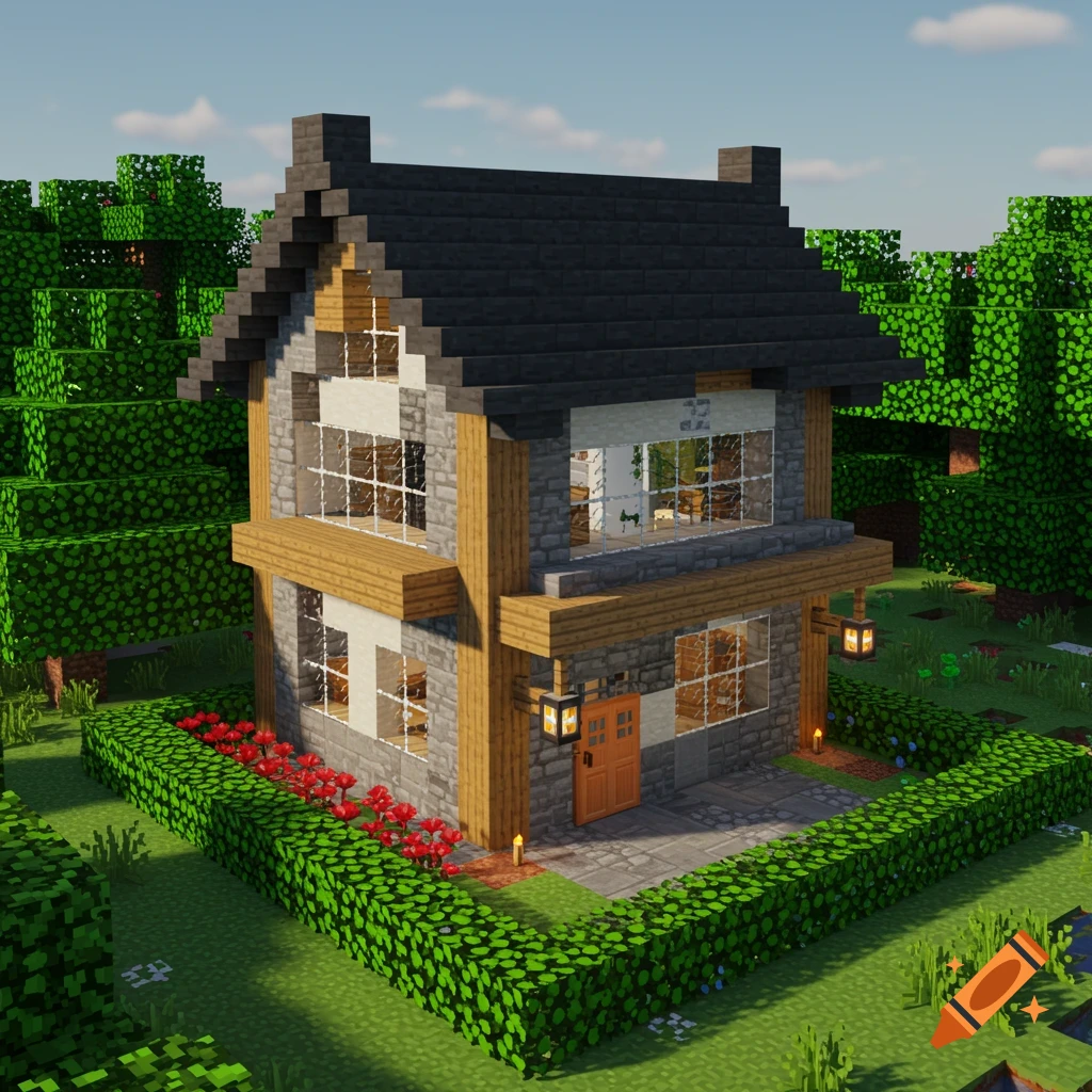 Minecraft-style house with dark roof, stone and wood walls, orange door, surrounded by bushes and flowers in a forest.