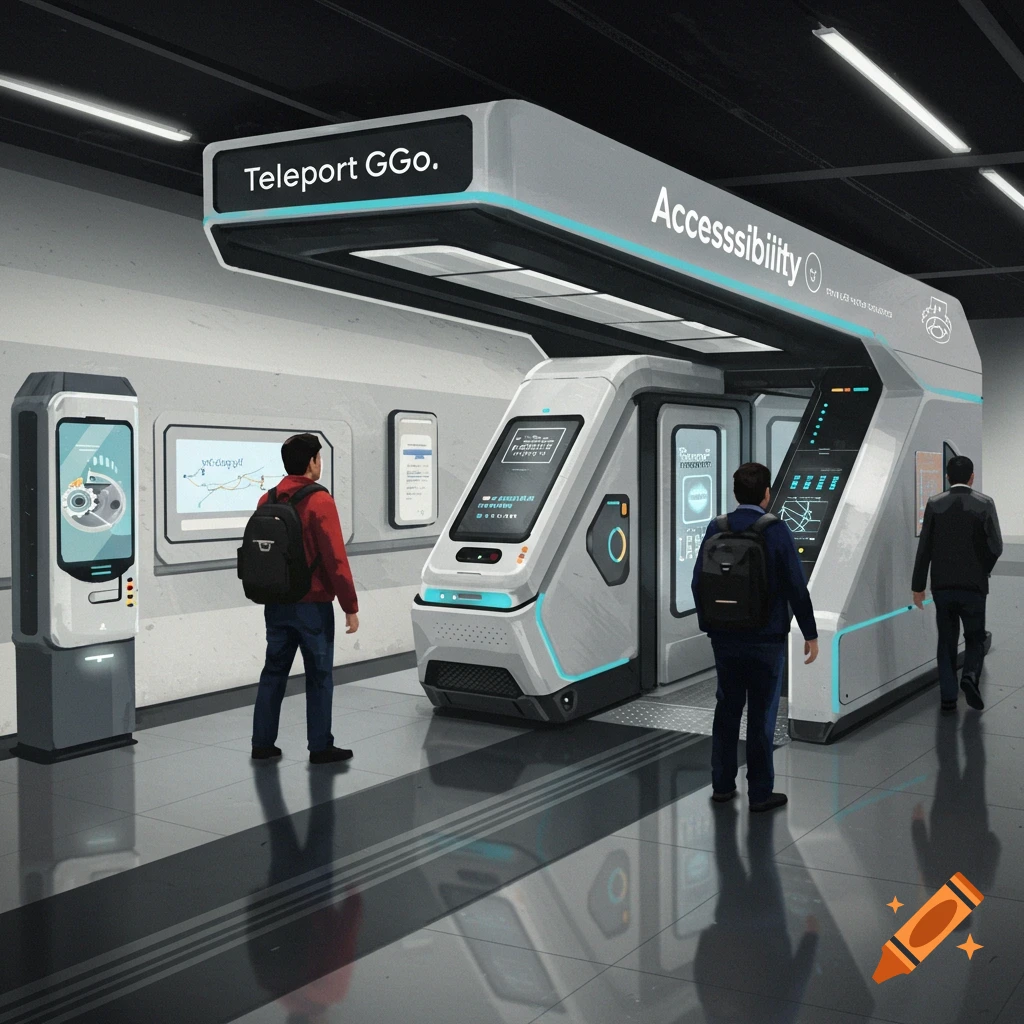 People waiting at a futuristic teleportation station.