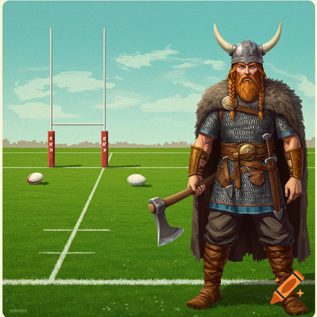 A Viking with an axe standing on a rugby field.