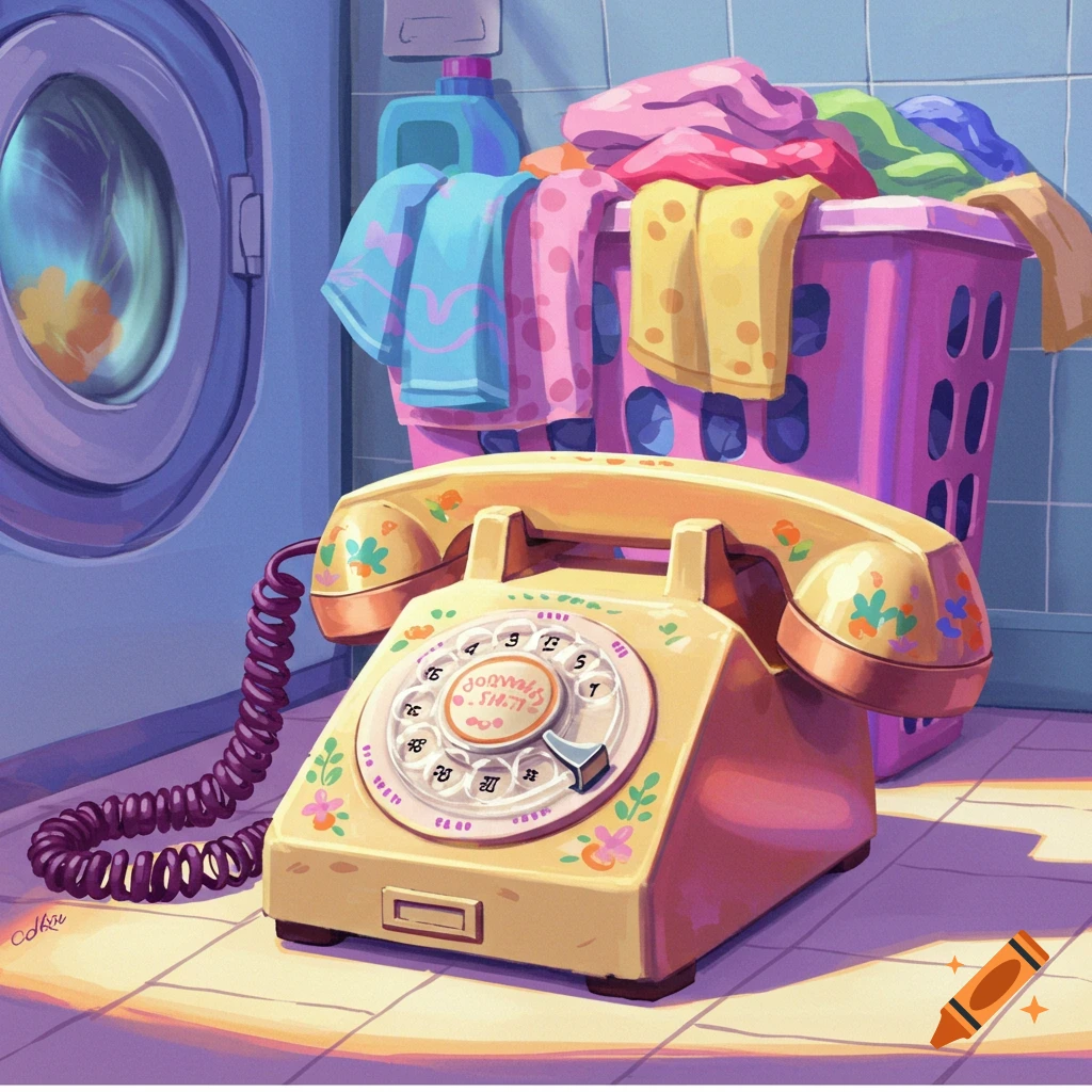 A vintage rotary phone sits in a laundry room with a basket of clothes and a washing machine, lit by sunset.