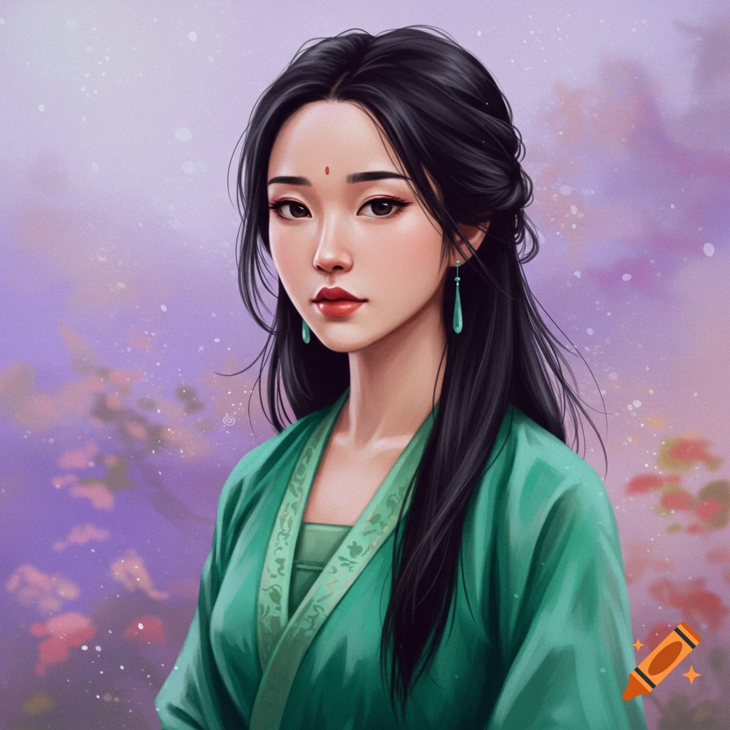 A woman in green traditional Asian clothing