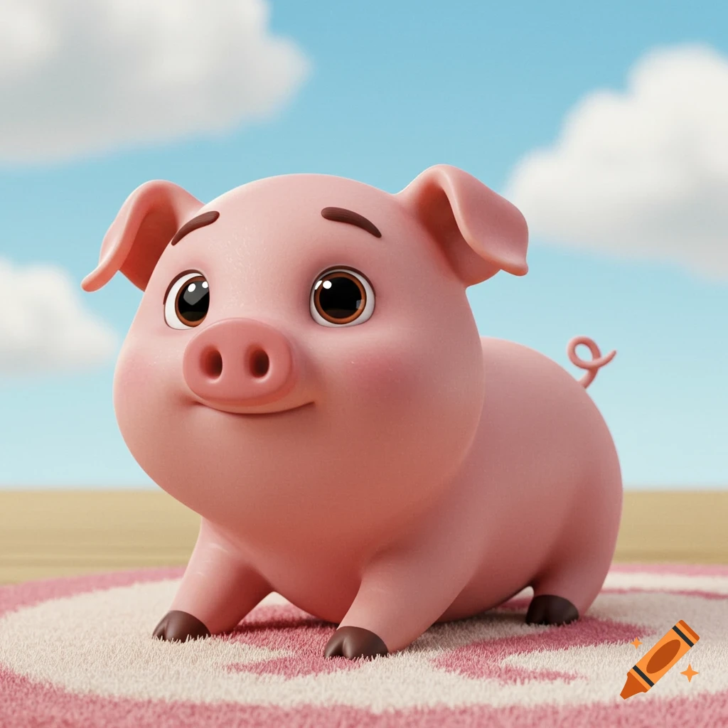 A cute 3D cartoon pig sitting on a rug under a blue sky.