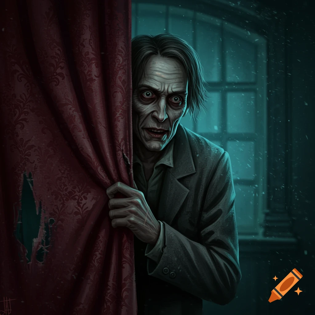 A creepy man with large eyes peers from behind a red curtain in a dark room.